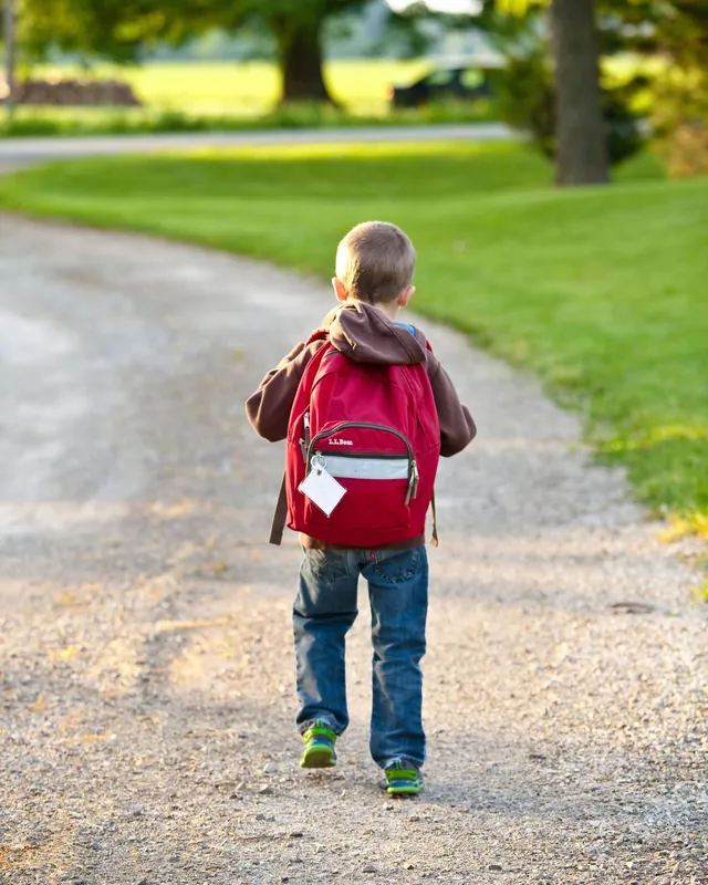 Un enfant de dos, son sac d'école rouge sur le dos, qui marche sur un sentier (photo d'ambiance)