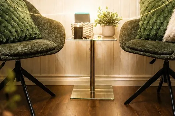 Mon espace d'accompagnement : deux fauteuils verts, une petite table, une plante
