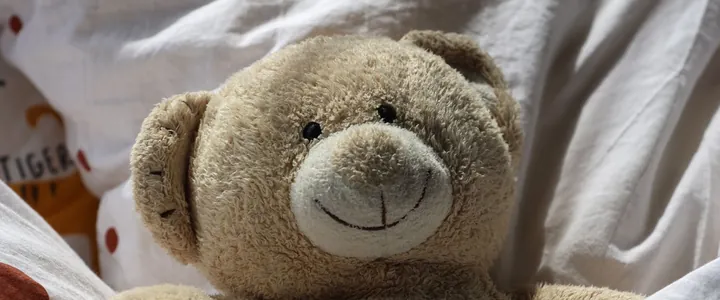 Image d'ambiance : un ourson en peluche dans une literie à pois